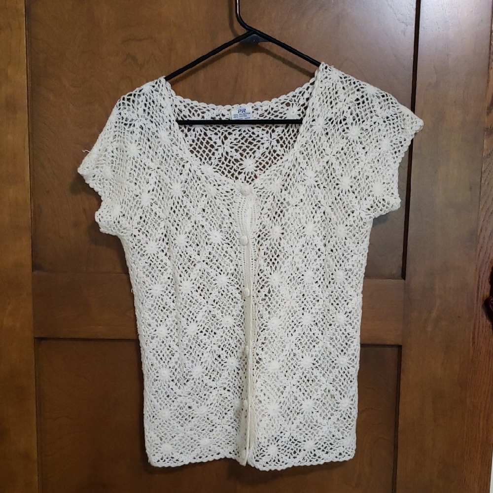Crocheted short sleeved cardi.Bin#7